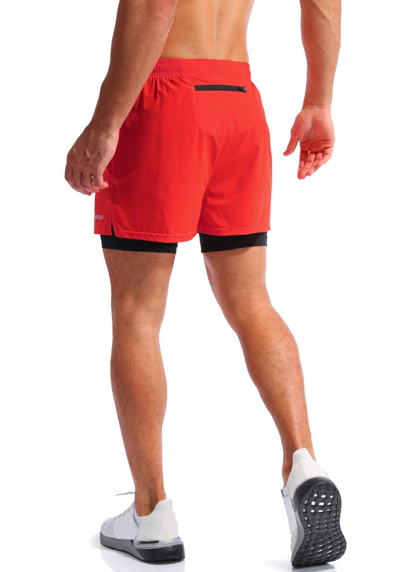 Pudolla Men’s 2 in 1 Running Shorts 5" Quick Dry Gym Athletic Workout Shorts for Men with Phone Pockets(Dark Red Large) - Image 4