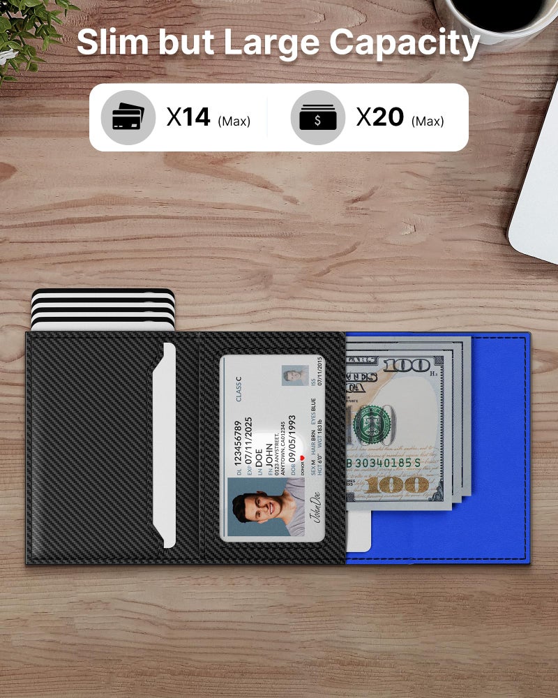 typecase محفظة رجال نوع كيس: علبة ألومنيوم قابلة للفتح، جلد طبيعي، ذكي، حماية من RFID، نحيف، بسيط، جيب أمامي - سعة 9-14 بطاقة | نافذة هوية | فتحة نقدية (ألياف الكربون البحرية) - Image 2