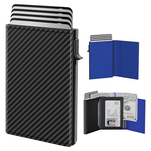 typecase محفظة رجال نوع كيس: علبة ألومنيوم قابلة للفتح، جلد طبيعي، ذكي، حماية من RFID، نحيف، بسيط، جيب أمامي - سعة 9-14 بطاقة | نافذة هوية | فتحة نقدية (ألياف الكربون البحرية) - Image 1