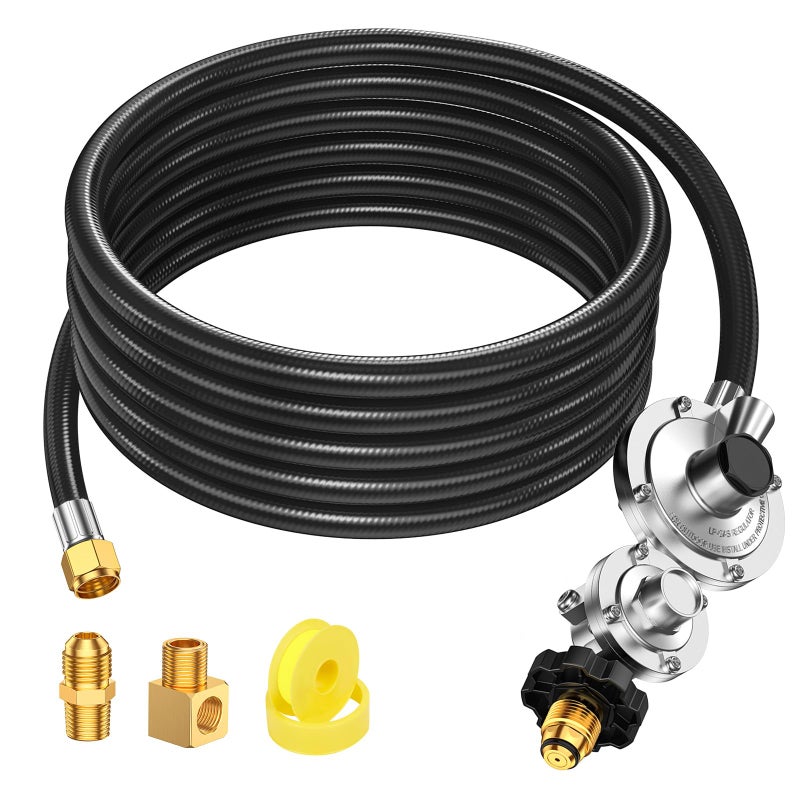 Alloxity 12FT F273684 Propane Hose with 2-Stage Regulator Compatible with Mr Buddy Heaters, POL Fitting & 3/8" Propane Adapter Fit for RV, Gill, Gas Stove, Gas Generator, 3/8" Female x 3/8" Male Street Elbow - Image 1