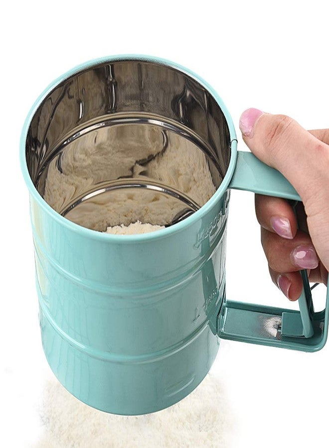 HEITIGN Hand-held Flour Sieve, Kitchen Semi-automatic Flour Sieve Cup Baking Tool, Stainless Steel Handheld Flour Sieve Baking Tool Non-stick Powder Sieve Cup Type Semi-automatic Powder Sieve,Sky-blue - Image 1