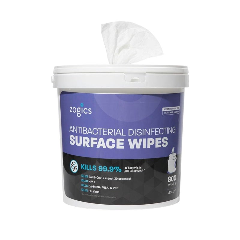 Zogics Antibacterial Wipes, EPA Registered Surface and Gym Equipment Disinfecting Wipes (800 Wipes) + Reusable Wipe Bucket Dispenser - Image 1