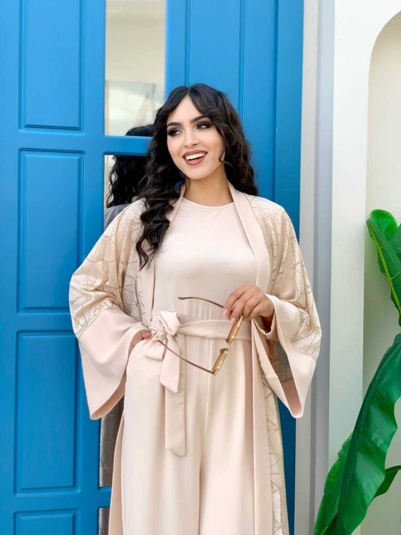 Bym Fashion Bym Lace Abaya Waist Belted Pocket Detailed Jumpsuit Set 3782 Stone - Image 4