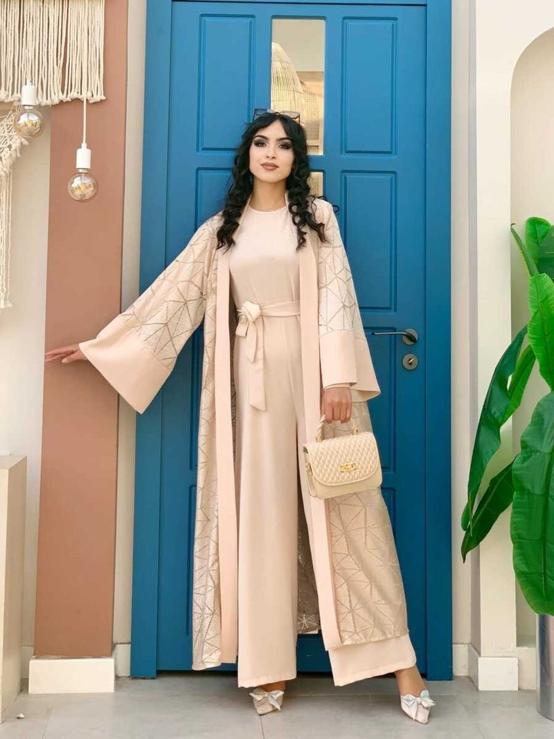 Bym Fashion Bym Lace Abaya Waist Belted Pocket Detailed Jumpsuit Set 3782 Stone - Image 1