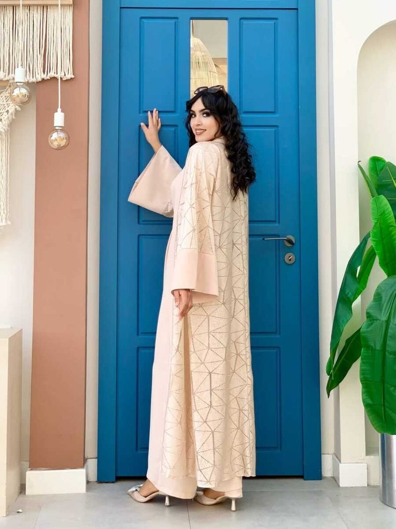 Bym Fashion Bym Lace Abaya Waist Belted Pocket Detailed Jumpsuit Set 3782 Stone - Image 3