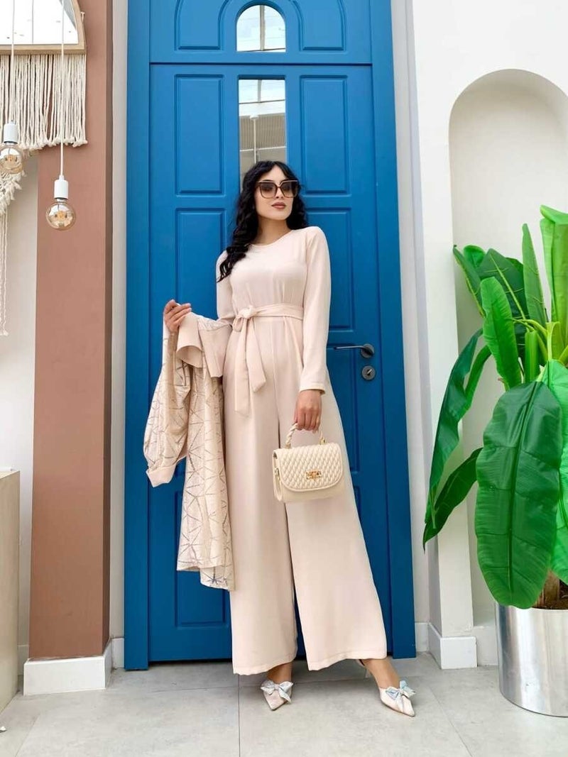 Bym Fashion Bym Lace Abaya Waist Belted Pocket Detailed Jumpsuit Set 3782 Stone - Image 2