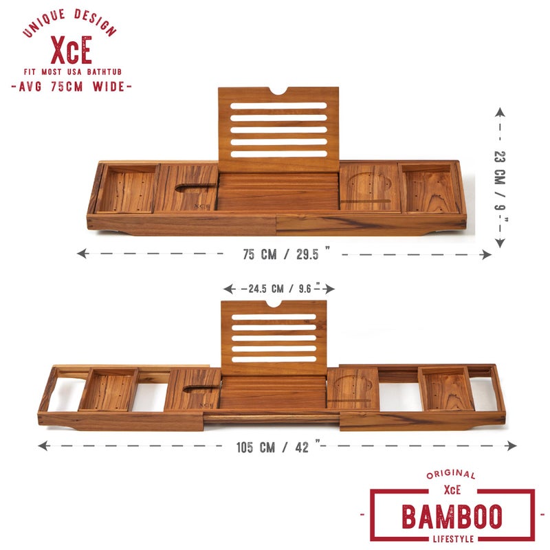 XcE Teak Bathtub Tray Expandable to 105cm with Solid Book Stand and Soap Tray, Teak - Image 3