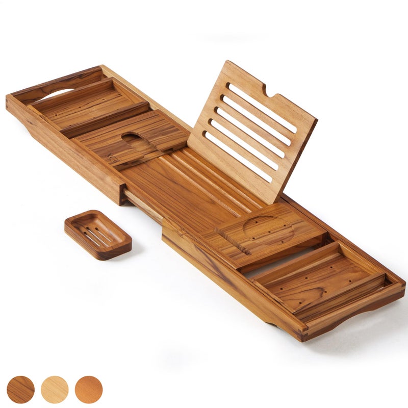 XcE Teak Bathtub Tray Expandable to 105cm with Solid Book Stand and Soap Tray, Teak - Image 1