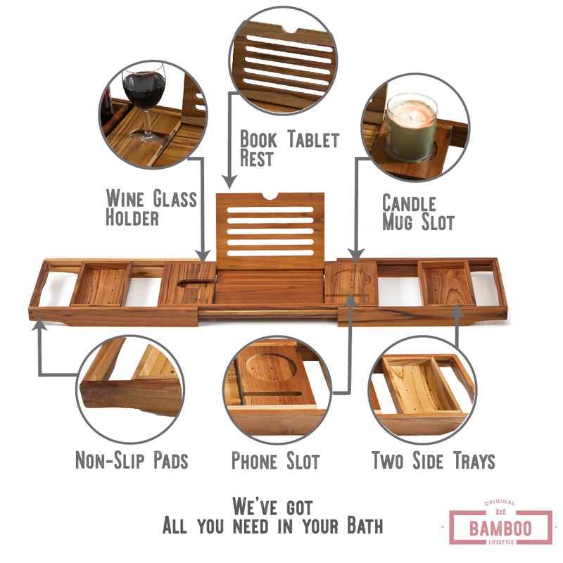 XcE Teak Bathtub Tray Expandable to 105cm with Solid Book Stand and Soap Tray, Teak - Image 4
