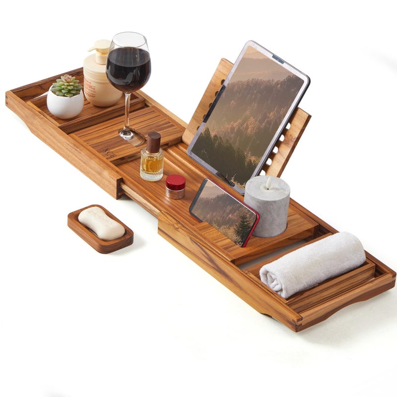 XcE Teak Bathtub Tray Expandable to 105cm with Solid Book Stand and Soap Tray, Teak - Image 2