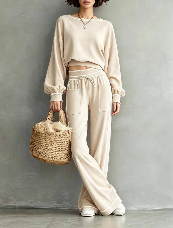 2026 Autumn/Winter Casual Solid Color Two-Piece Set: Round Neck Long Sleeve Sweatshirt & Wide Leg Drawstring Sweatpants - Apricot