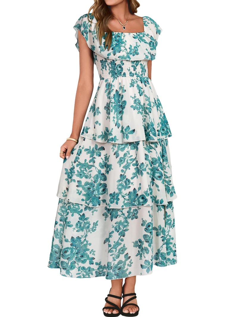 Simplee Womens Floral Wedding Guest Dress Spring Summer 2026 Chiffon Boho Off Shoulder Smocked Tiered Flowy Maxi Dresses(White Green S) - Image 1