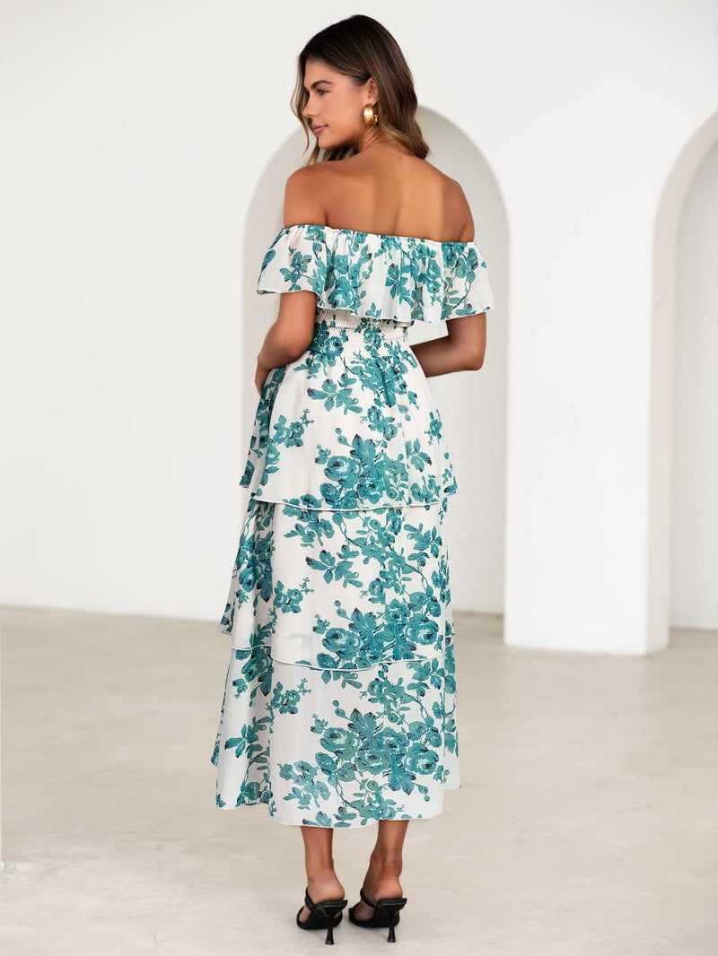 Simplee Womens Floral Wedding Guest Dress Spring Summer 2026 Chiffon Boho Off Shoulder Smocked Tiered Flowy Maxi Dresses(White Green S) - Image 3