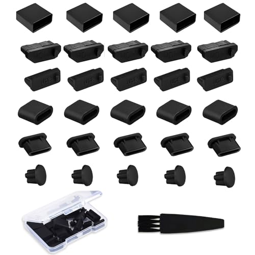 WLXTREE USB Cover Port Plug Caps - 30Pcs 6 Type Silicone Anti Dust Cover Laptop Port Protection Stoppers for USB Type-C, Headphone Port, HDMI, USB Type-A Plugs with Cleaning Brush Kit - Image 1