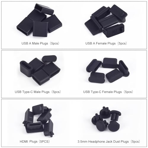 WLXTREE USB Cover Port Plug Caps - 30Pcs 6 Type Silicone Anti Dust Cover Laptop Port Protection Stoppers for USB Type-C, Headphone Port, HDMI, USB Type-A Plugs with Cleaning Brush Kit - Image 2