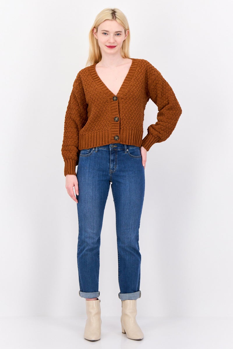 Pink Rose Women V Neck Knitted Cardigan, Brown Rust  - Image 3