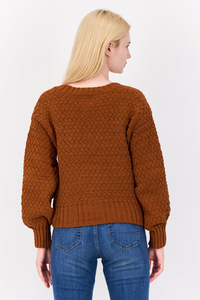 Pink Rose Women V Neck Knitted Cardigan, Brown Rust  - Image 2