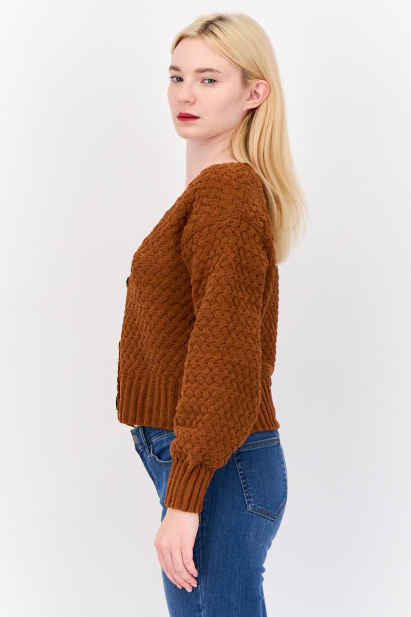 Pink Rose Women V Neck Knitted Cardigan, Brown Rust  - Image 4