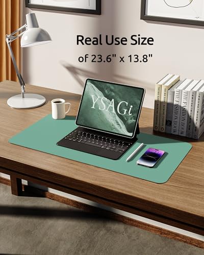 YSAGi Leather Desk Protector, Office Mat, Large Mouse Mat, Non-Slip PU Leather Blotter, Laptop Desk Pad, Waterproof Writing Pad for Office and Home (Green-Blue, 23.6" x 13.8") - Image 5