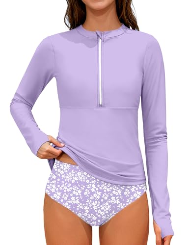 ADIFUN Girls Swimsuits Size 10-12 Half-Zip Long Sleeve Modest Teen Girl Rash Guard Bathing Suits with Chest Padding Two Piece Swimwear Set UPF 50+ Turquoise - Image 1