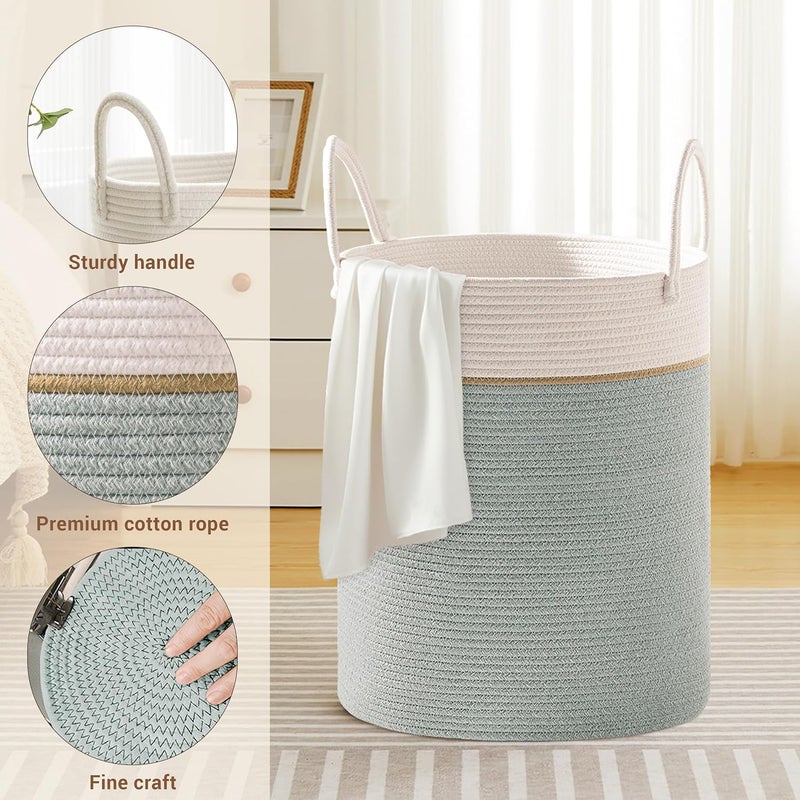 SunNewt Tall Laundry Basket with Handles, 88L Portable Dirty Clothes Hamper, Boho Cotton Rope Storage Bin for Blankets Kids Toys Gifts, Large Organizer for Baby Nursery Bedroom Bathroom, Sage Green - Image 3