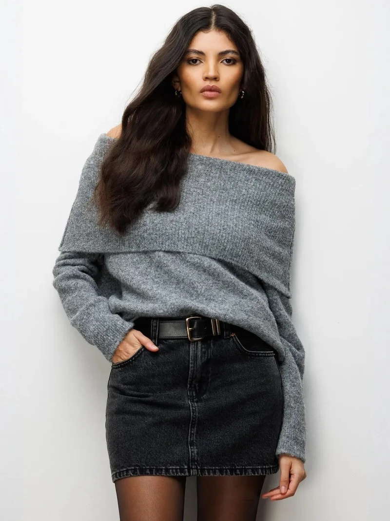 Mixray Grey MIXRAY Loose Fit Ribbed Madonna Collar Sweater for Women | Best Price UAE