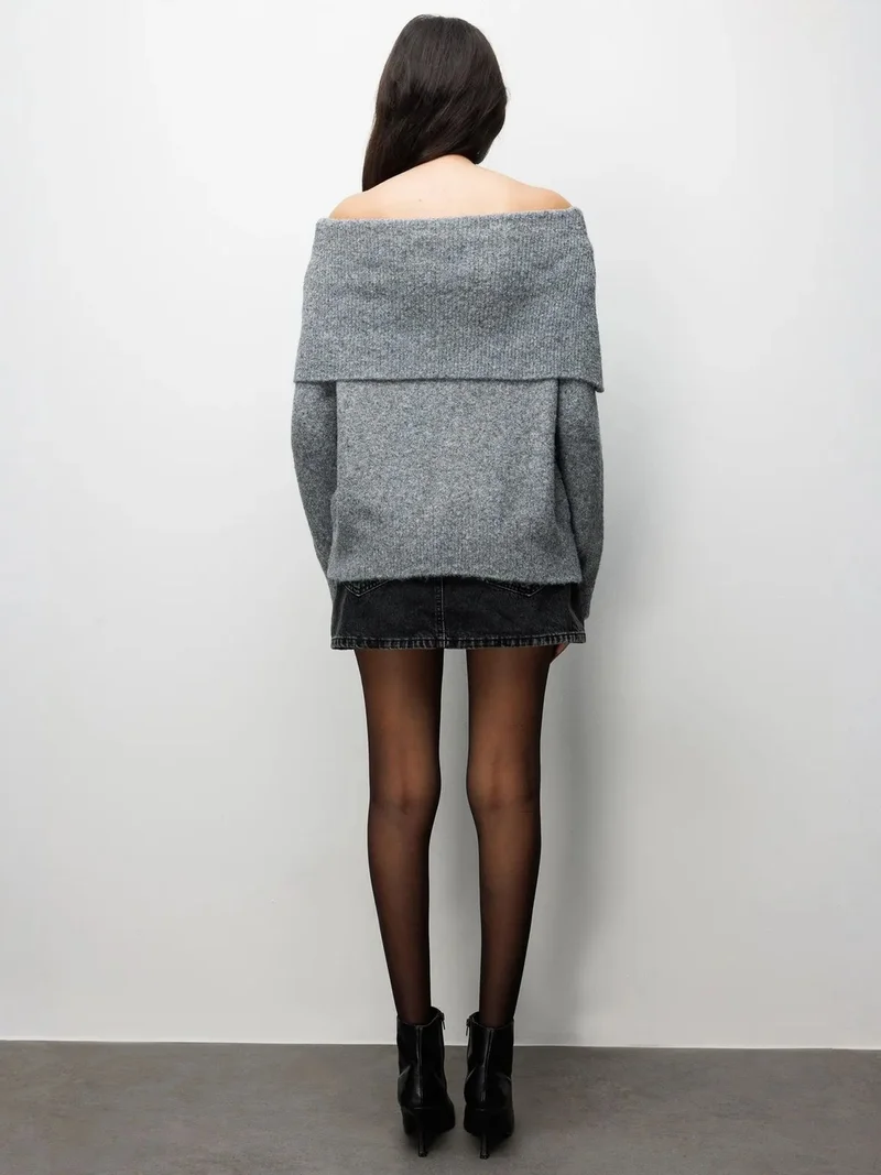 Mixray Grey MIXRAY Loose Fit Ribbed Madonna Collar Sweater for Women | Best Price UAE