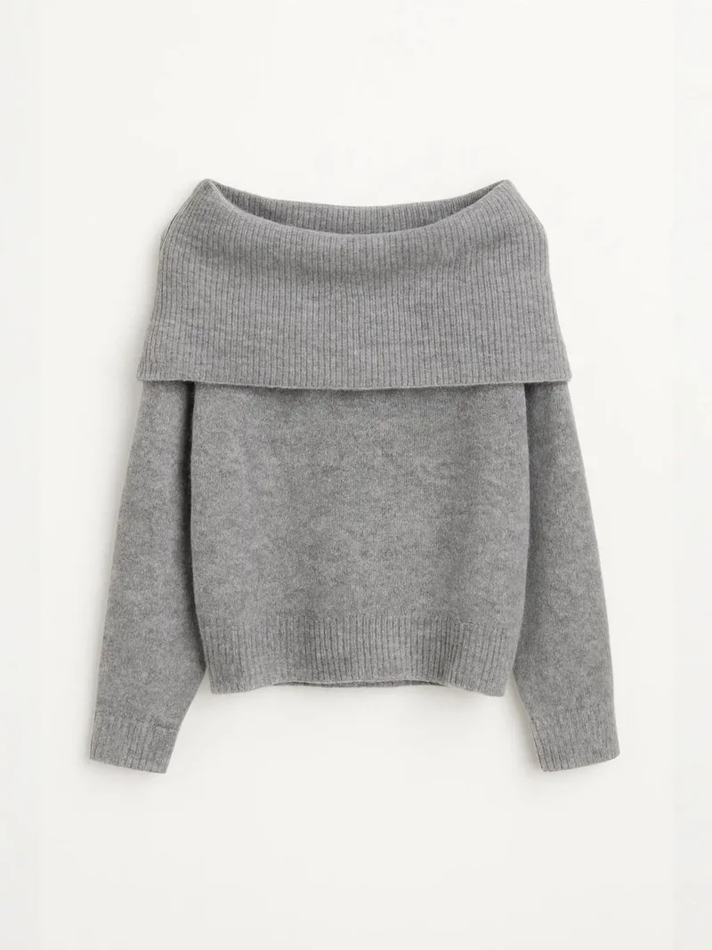 Mixray Grey MIXRAY Loose Fit Ribbed Madonna Collar Sweater for Women | Best Price UAE