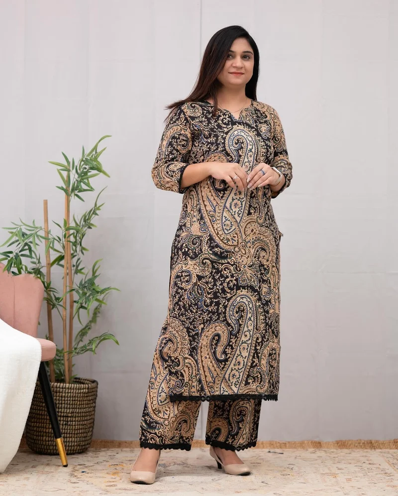GoSriKi Women's Rayon Viscose Straight Printed Kurta with Palazzo Black
