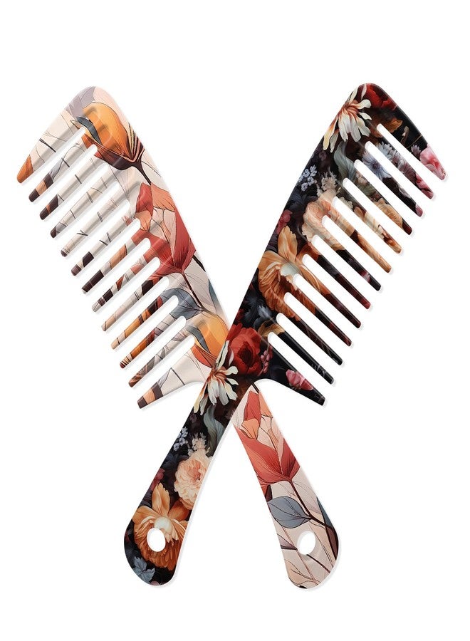 GABraden 2PCS Wide Tooth Comb,Effortless Tangle Removal for Long Hair Styling Comb for Curly,Wet,Cute Aesthetic Design for Women Men and Girls(Black-Flowers-08) - Image 1
