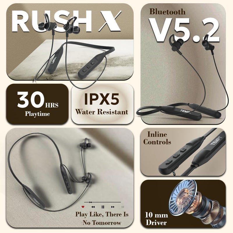 TEMPT Rush X Neckband with 20 Hours of Playback Time, Vibration Alert, BT V5.2, 10mm Drivers with Copper Ring, Crystal Clear Sound (Black) - Image 2