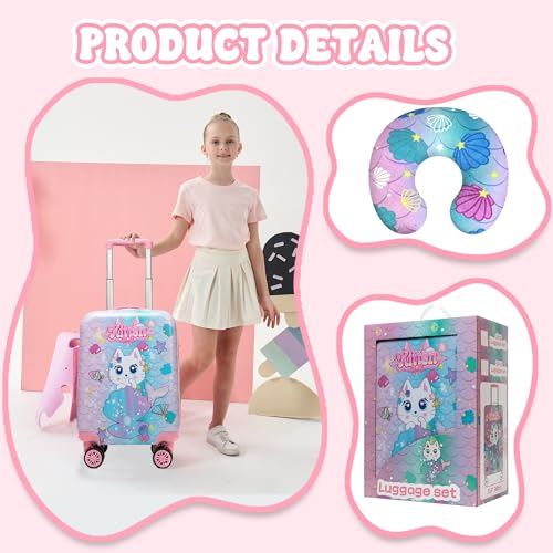 Homskiii Cute Cat Kid’s Luggage Set 2 Piece Suitcase Set 16" Hardside Luggage with Spinner Wheels Girls Carry on Toddler Travel Rolling Luggage Airline Approved - Image 4