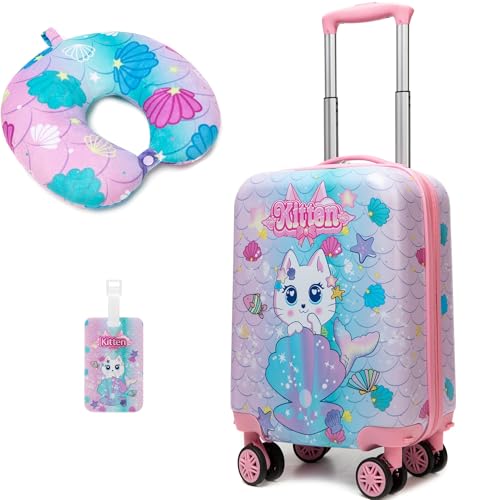 Homskiii Cute Cat Kid’s Luggage Set 2 Piece Suitcase Set 16" Hardside Luggage with Spinner Wheels Girls Carry on Toddler Travel Rolling Luggage Airline Approved - Image 1