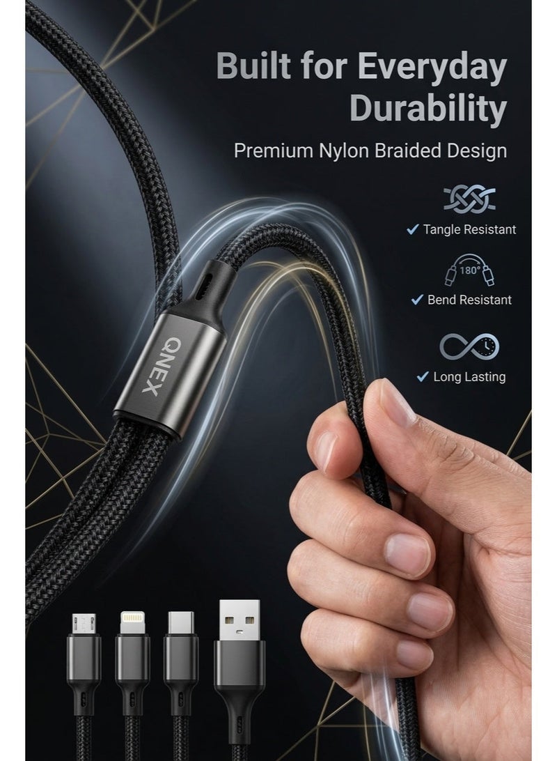QNEX 3-in-1 Fast Charging Cable (Type-C + Lightning + Micro) 1.2M - Black - Image 5