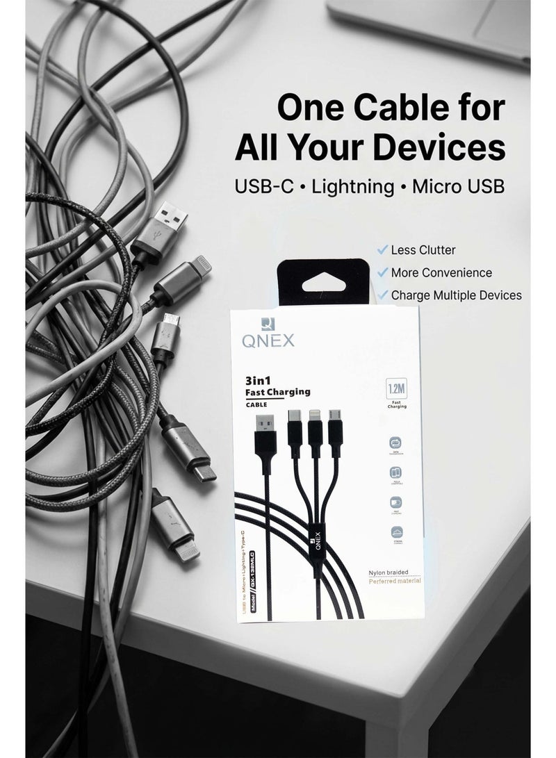 QNEX 3-in-1 Fast Charging Cable (Type-C + Lightning + Micro) 1.2M - Black - Image 4