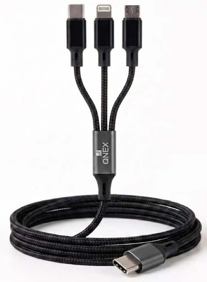 QNEX 3-in-1 Fast Charging Cable (Type-C + Lightning + Micro) 1.2M - Black - Image 1