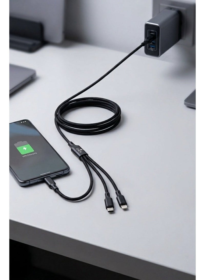 QNEX 3-in-1 Fast Charging Cable (Type-C + Lightning + Micro) 1.2M - Black - Image 3