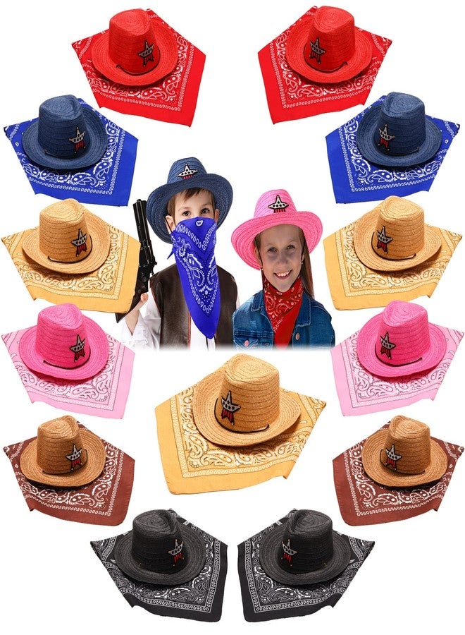 Yahenda 48 Pieces Kids Cowboy Hats Bulk Operation Christmas Straw Cowboy Party Hat with Multicolor Polyester Bandannas Children Western Costume Accessories for Kids Birthday Cosplay Party Supplies - Image 1