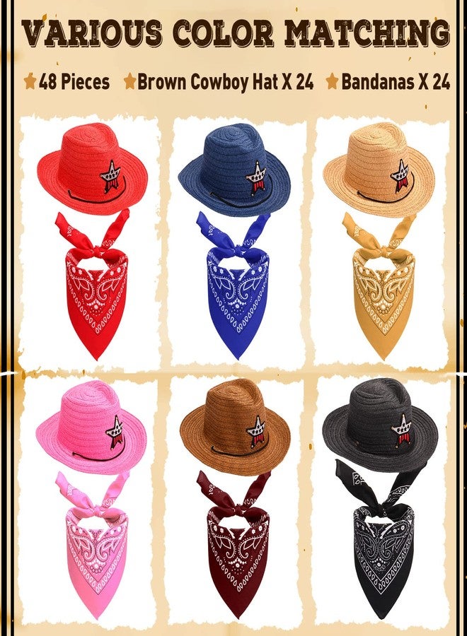 Yahenda 48 Pieces Kids Cowboy Hats Bulk Operation Christmas Straw Cowboy Party Hat with Multicolor Polyester Bandannas Children Western Costume Accessories for Kids Birthday Cosplay Party Supplies - Image 2