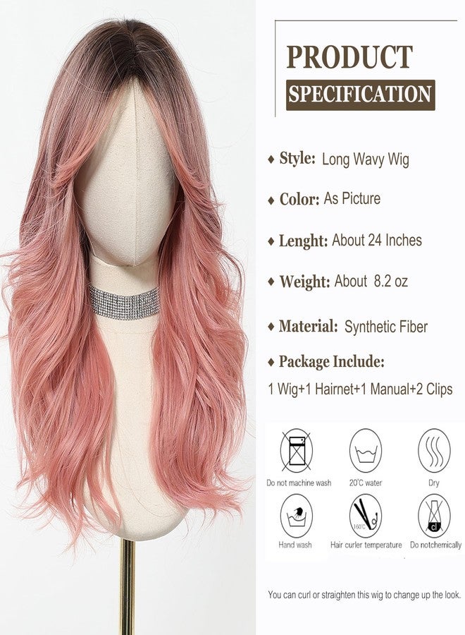 اسمي باروكة إسمي الوردية الطويلة المموجة للنساء مع غرة جانبية، باروكة شعر صناعي طبيعي للاستخدام اليومي والحفلات - Image 2