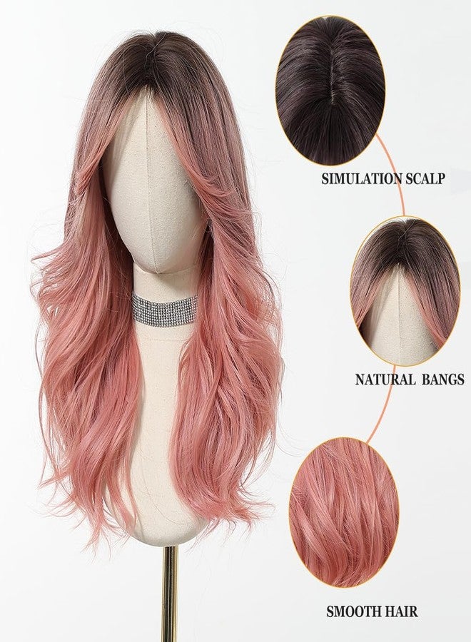اسمي باروكة إسمي الوردية الطويلة المموجة للنساء مع غرة جانبية، باروكة شعر صناعي طبيعي للاستخدام اليومي والحفلات - Image 3