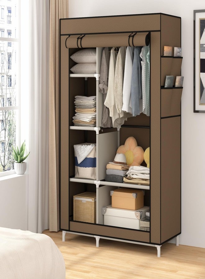 Calmootey Portable Closet Organizers, Clothing Storage, Wardrobe with 6 Shelves and Hanging Rod, Non-Woven Fabric Cover with 4 Side Pockets, Brown - Image 5