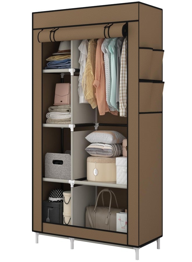 Calmootey Portable Closet Organizers, Clothing Storage, Wardrobe with 6 Shelves and Hanging Rod, Non-Woven Fabric Cover with 4 Side Pockets, Brown - Image 2