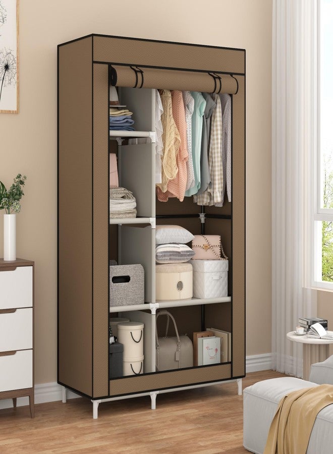 Calmootey Portable Closet Organizers, Clothing Storage, Wardrobe with 6 Shelves and Hanging Rod, Non-Woven Fabric Cover with 4 Side Pockets, Brown - Image 4