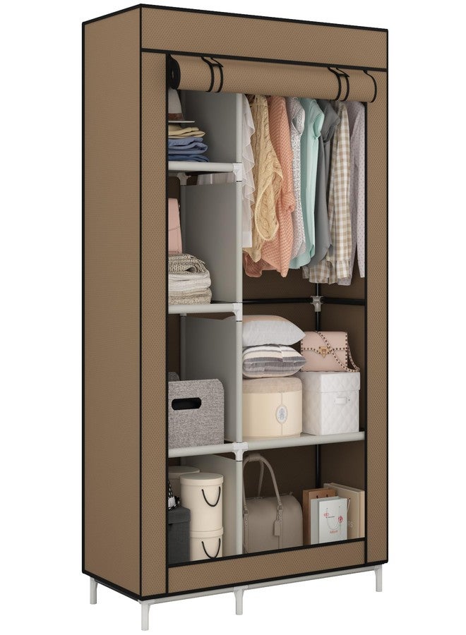 Calmootey Portable Closet Organizers, Clothing Storage, Wardrobe with 6 Shelves and Hanging Rod, Non-Woven Fabric Cover with 4 Side Pockets, Brown - Image 1