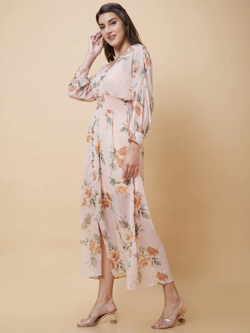 globus Women Peach-Coloured Floral Printed V-Neck Smocked A-Line Midi Dress With Inner Slip