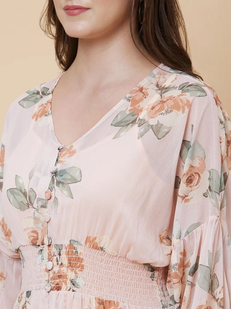 globus Women Peach-Coloured Floral Printed V-Neck Smocked A-Line Midi Dress With Inner Slip
