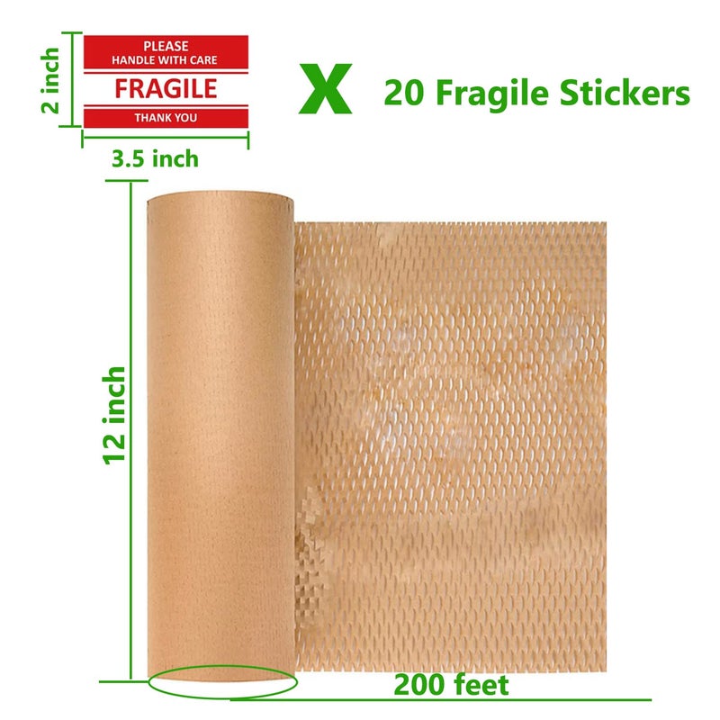 Besitek Honeycomb Packing Paper,12" W x 200' L Bubble Cushioning Wrap for Moving,Products & Gifts Wrapping Paper,Recyclable and Biodegradable Cushioning Packing Material with 20 Fragile Sticker Labels - Image 2