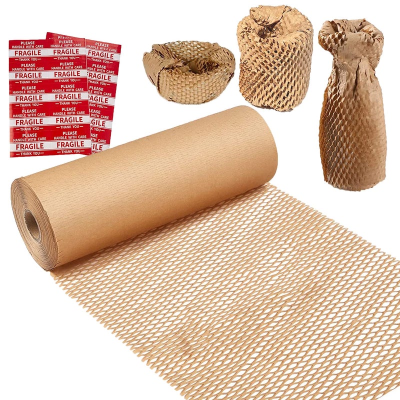 Besitek Honeycomb Packing Paper,12" W x 200' L Bubble Cushioning Wrap for Moving,Products & Gifts Wrapping Paper,Recyclable and Biodegradable Cushioning Packing Material with 20 Fragile Sticker Labels - Image 1