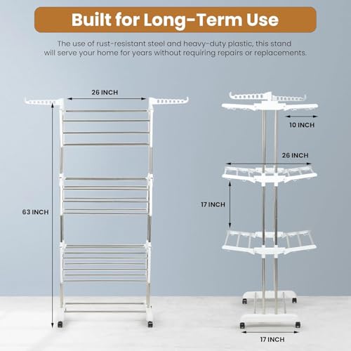 H Houseware Heavy Duty 3 Tier Stainless Steel Cloth Drying Stand with Wheels | Portable Rustproof Laundry Rack | Folding Clothes Dryer for Home, Balcony & Outdoor Use (43.2 x 78.7 x 165 cm, White) - Image 3